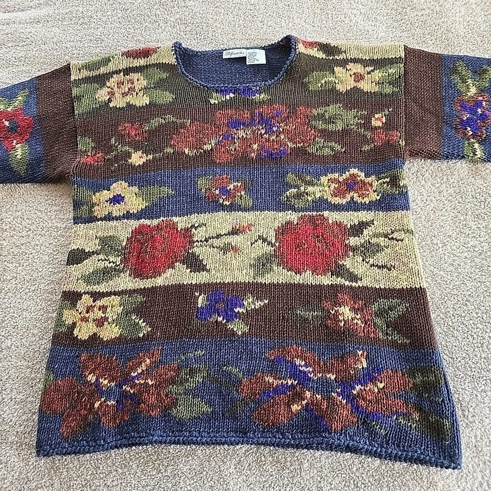 Vintage Styleworks Chunky-knit Fall Autumn Floral Sweater Grandmacore Oversize S